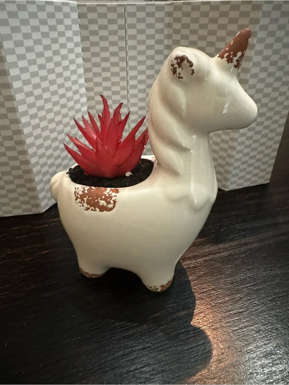 White Ceramic Unicorn Planter with Red Faux Succulent
